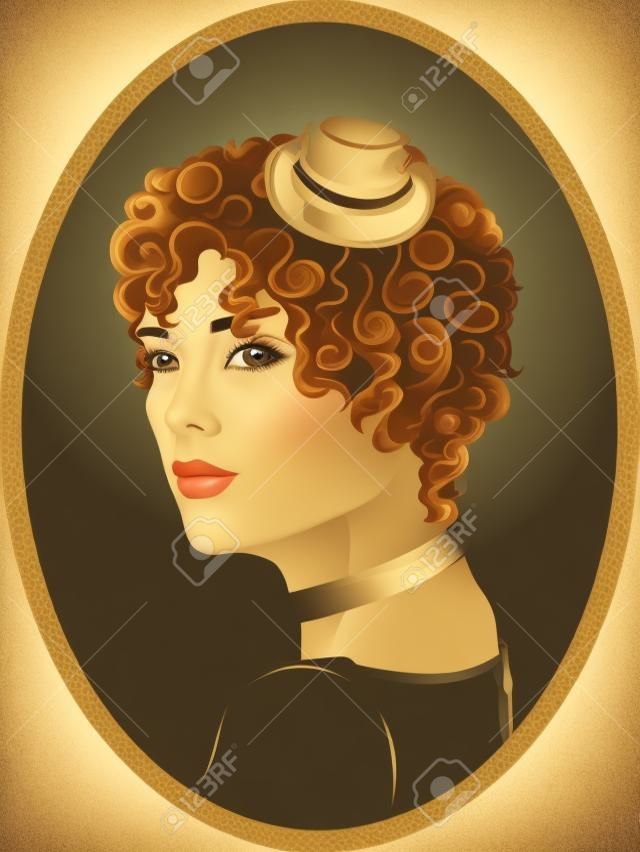 Vector vintage ritratto di bella ragazza riccia in un piccolo cappello