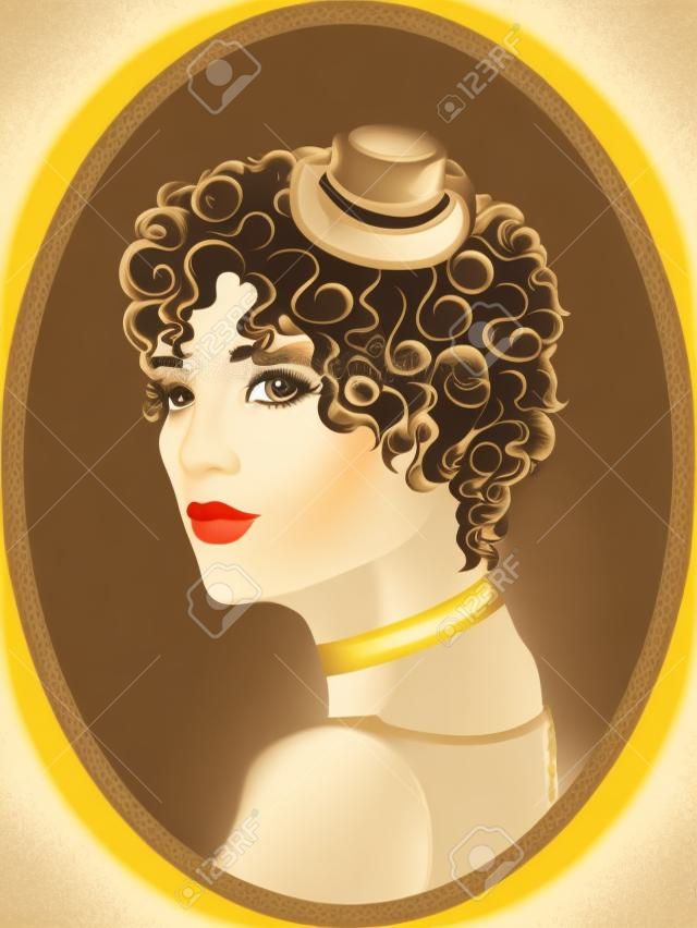 Vector vintage portrait of pretty curly girl in a small hat