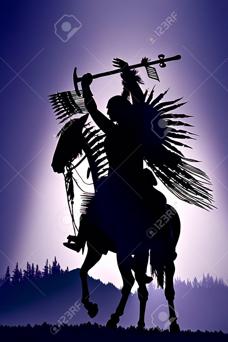 Una silueta de un nativo americano en un caballo hecho de metal de montañas distantes y un viñeteado neblina púrpura.