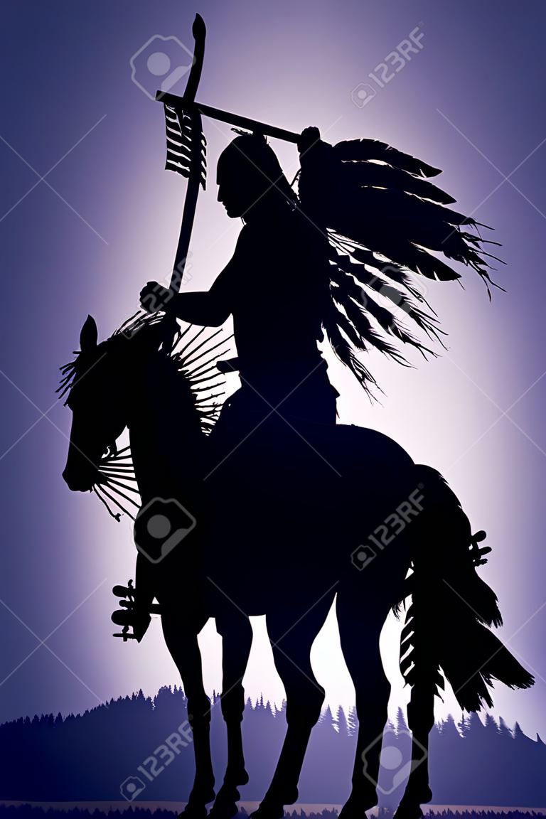 遠くの山々 と紫色の霞のケラレと金属から作られた馬にネイティブ アメリカンのシルエット。