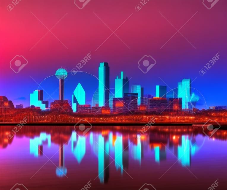 Network and Connection Technology Concept of Dallas Skyline Reflection at Dawn, Downtown Dallas, Texas, USA
