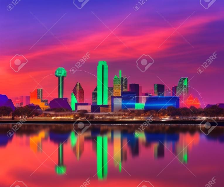 Network and Connection Technology Concept of Dallas Skyline Reflection at Dawn, Downtown Dallas, Texas, USA