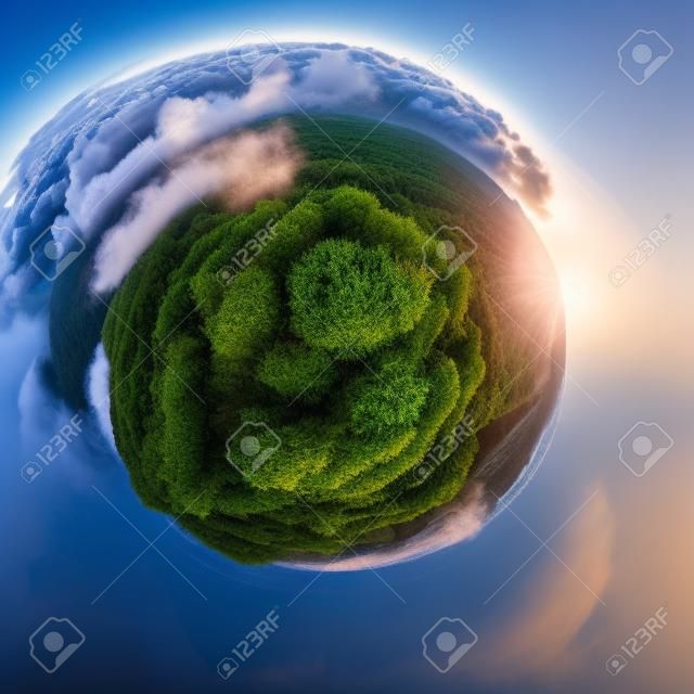 Little planet 360 degree sphere. Panorama of aerial view of sunrise above fluffy sea fog misty clouds with mountain hill from Phu Tub Berk, Khao Kho, Phetchabun with sunlight. Nature landscape