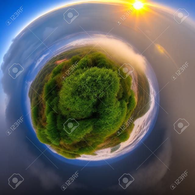 Little planet 360 degree sphere. Panorama of aerial view of sunrise above fluffy sea fog misty clouds with mountain hill from Phu Tub Berk, Khao Kho, Phetchabun with sunlight. Nature landscape