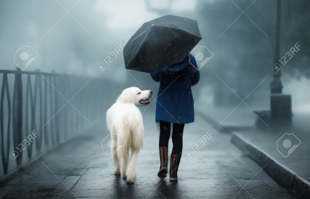 Mała dziewczynka wyprowadza psa w deszczu