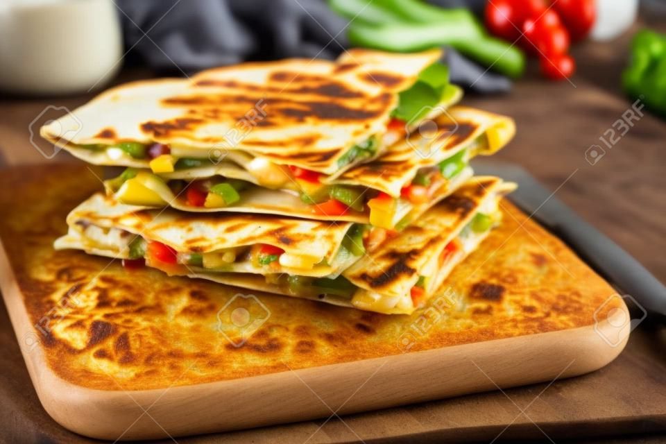 pile of quesadillas with chicken and vegetables on the rustic board.