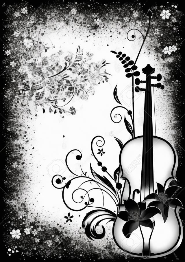 Vector floral composición musical con violín en los colores blanco y negro
