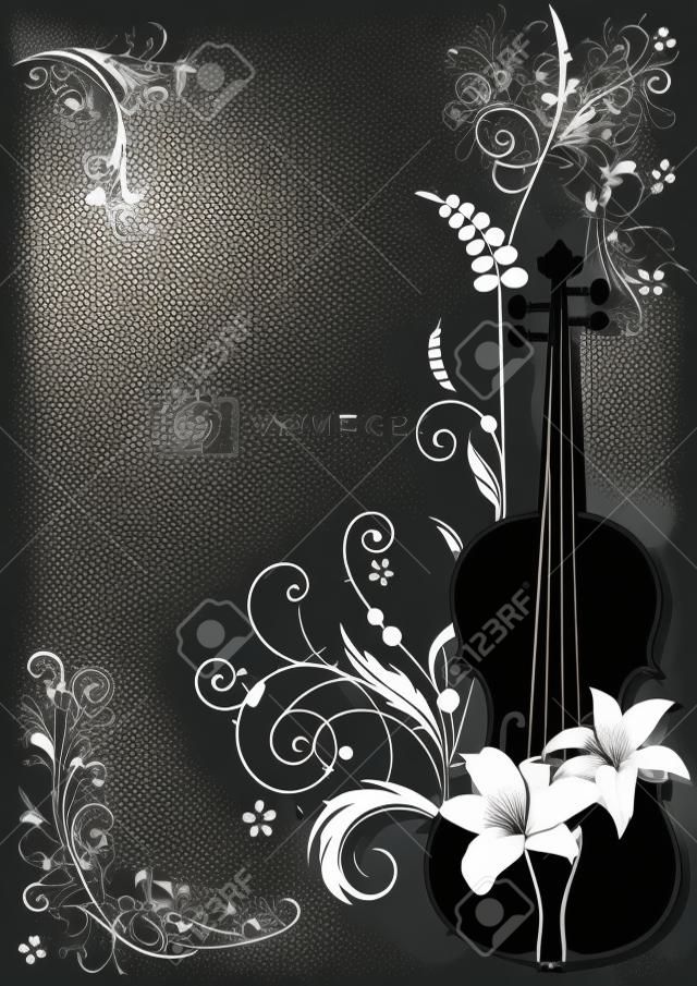 Composição musical floral vetorial com violino em cores preto e branco