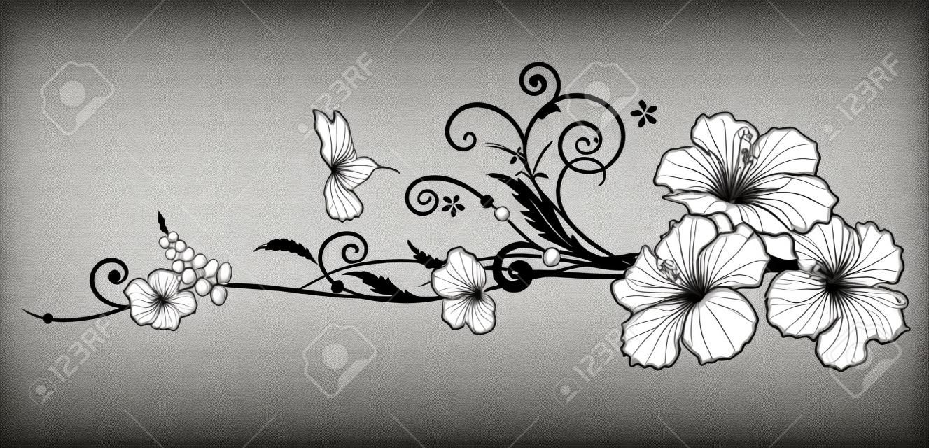Vector floral composition with hibiscus in black and white colors