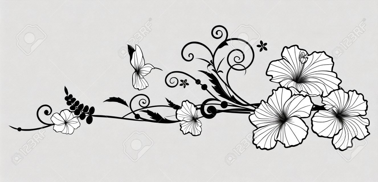 Vector floral composition with hibiscus in black and white colors