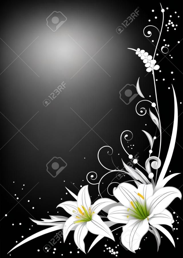 Fundo do vetor com flores de lírio em preto e branco para design de canto