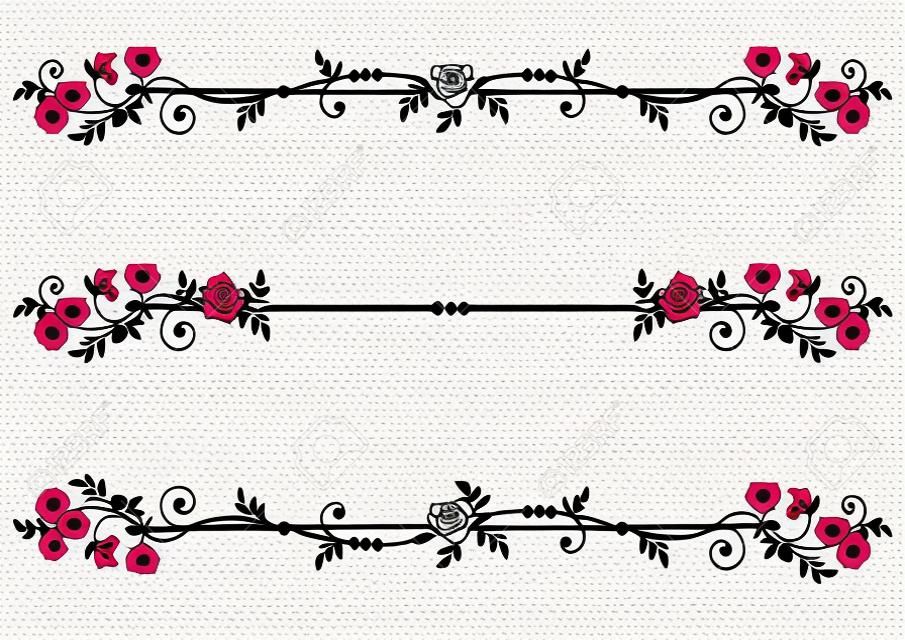Insieme floreale di vettore dei divisori con le rose in bianco e nero