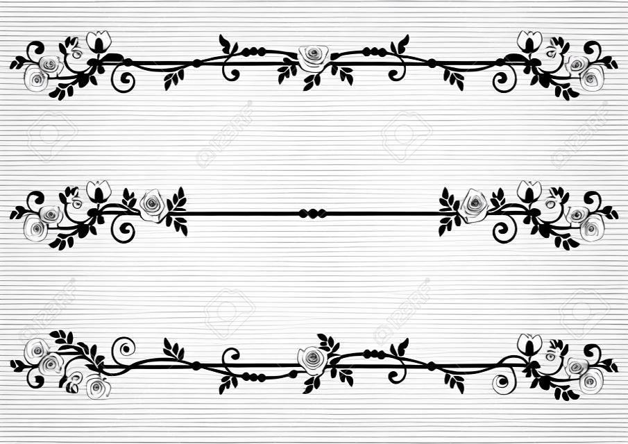 Vector floral set of dividers with roses in black and white