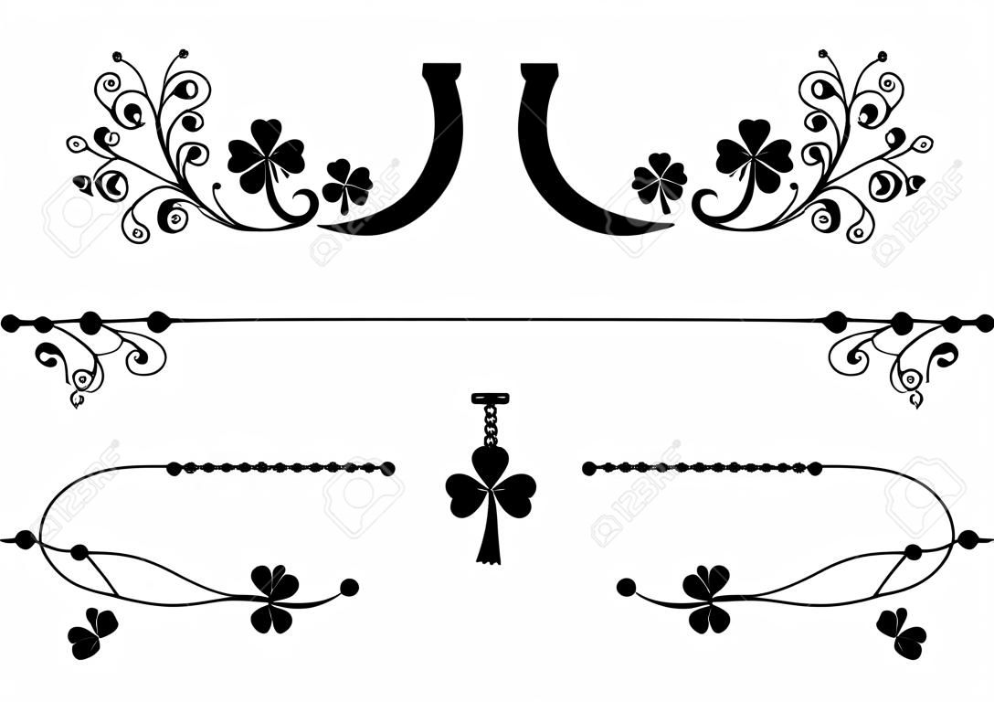 set di divisori con trifoglio, ferro di cavallo, catena e lucertola in bianco e nero