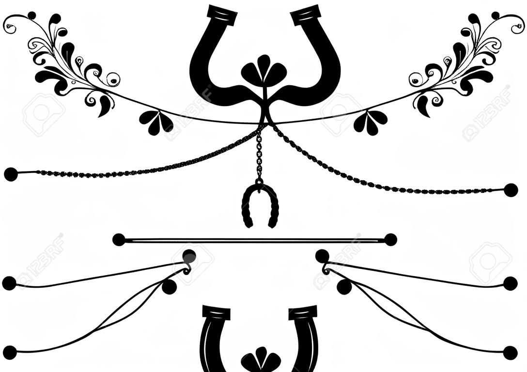 ensemble de diviseurs avec trèfle, fer à cheval, chaîne et lézard en noir et blanc