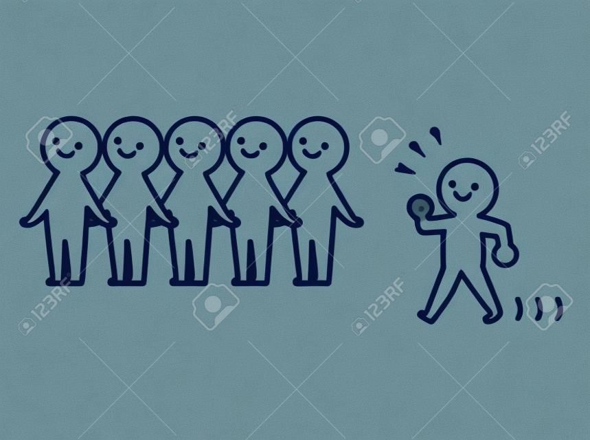 Illustration of five deformed simple humans lined up and a deformed simple human walking