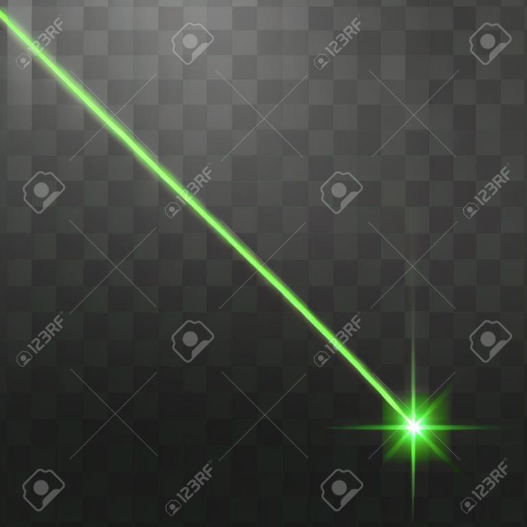 Rayo láser verde abstracto. Aislado sobre fondo negro transparente. Ilustración vectorial.