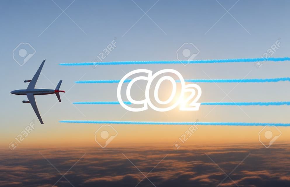 Airplane leaving jet contrails with CO2 word inside