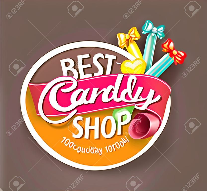 Paper candy shop label with ribbon, vector illustration.