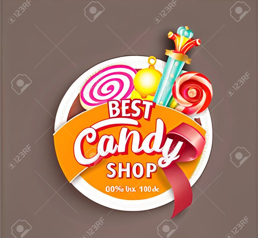 Etichetta negozio di caramelle di carta con nastro, illustrazione vettoriale.