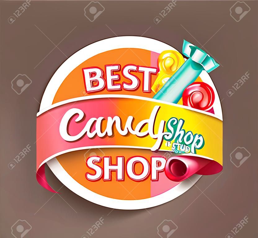 Papier étiquette de magasin de bonbons avec ruban, illustration vectorielle.