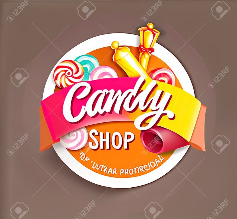 Papír Candy Shop címke szalaggal, vektoros illusztráció.