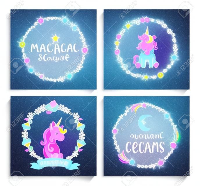 Conjunto de tarjetas mágicas de unicornios con marcos de círculo y letras. Ilustración vectorial para impresión y tarjetas de felicitación, imprimir.