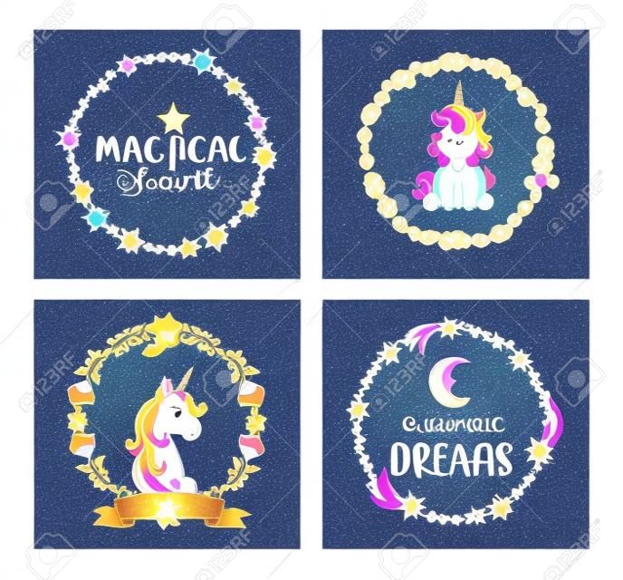 Set di carte magiche per unicorni con cornici e scritte a forma di cerchio. Illustrazione vettoriale per la stampa e biglietti di auguri, stampa.