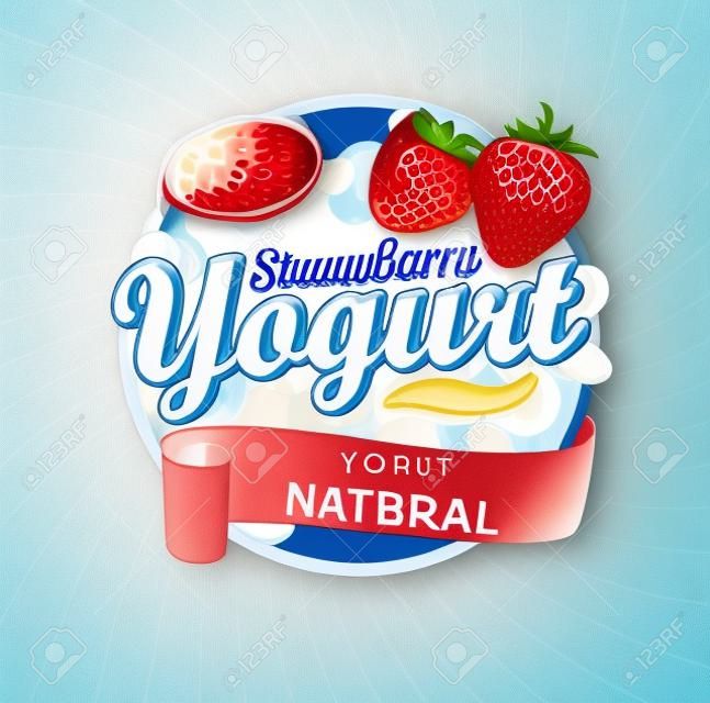 Éclaboussure d'étiquette fraîche et naturelle d'yogourt aux fraises avec ruban sur l'illustration de sunburst bleu.