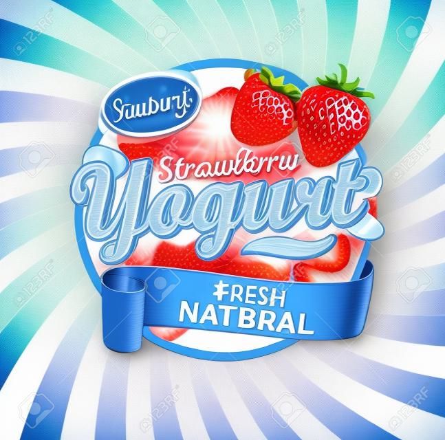 Éclaboussure d'étiquette fraîche et naturelle d'yogourt aux fraises avec ruban sur l'illustration de sunburst bleu.
