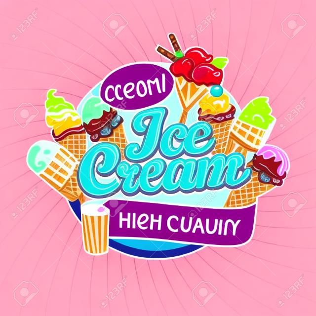 Красочная этикетка с логотипом магазина мороженого или эмблема в мультяшном стиле для вашего дизайна на фоне солнечных лучей. Векторная иллюстрация.