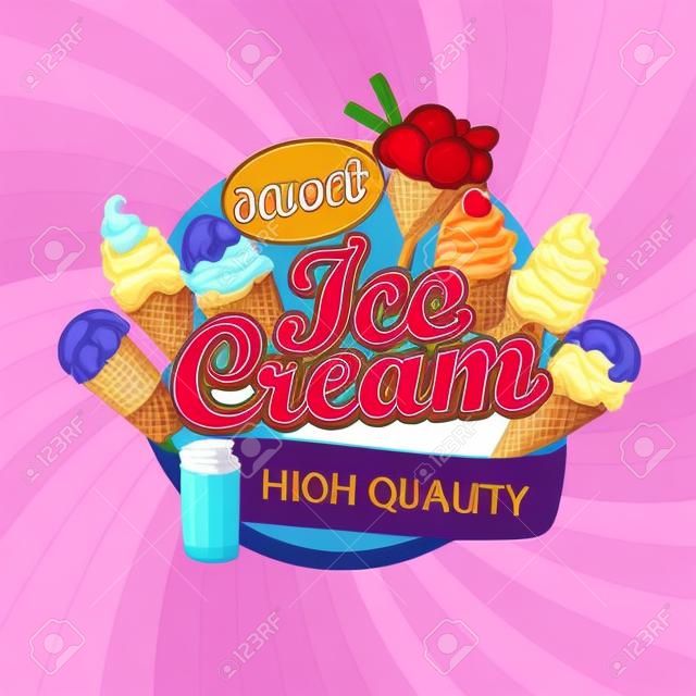 Colorful Ice cream shop logo label or emblem in cartoon style for your design on sunburst background. Vector illustration.