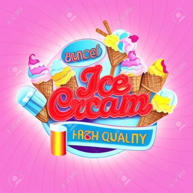 햇살 배경에 디자인을위한 만화 스타일의 다채로운 아이스크림 가게 로고 레이블 또는 상징. 벡터 일러스트입니다.