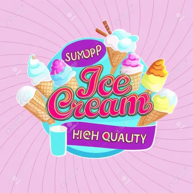 Colorful Ice cream shop logo label or emblem in cartoon style for your design on sunburst background. Vector illustration.