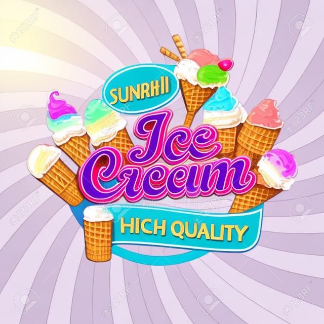 Étiquette de logo de magasin de crème glacée colorée ou emblème en style cartoon pour votre conception sur fond sunburst. Illustration vectorielle.