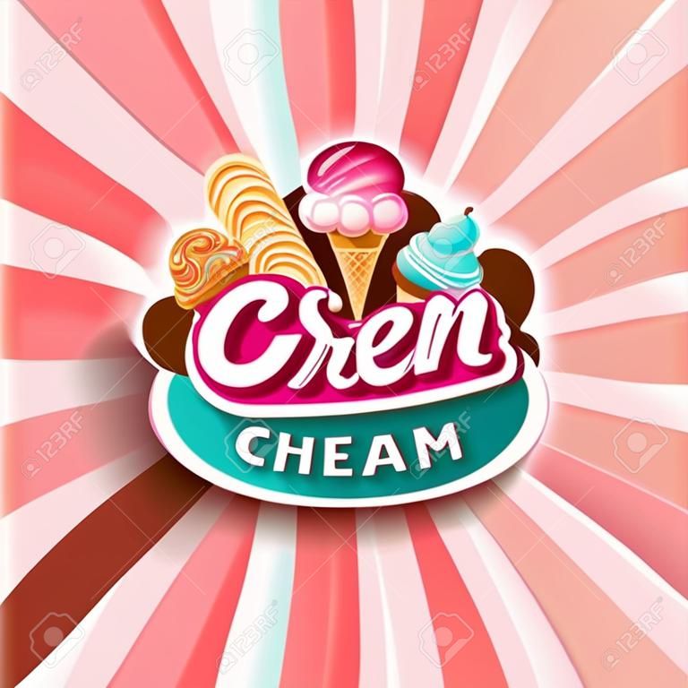 多彩的冰淇淋店徽標標籤或標誌在卡通風格為您設計森伯斯特背景上。傳染媒介例證。