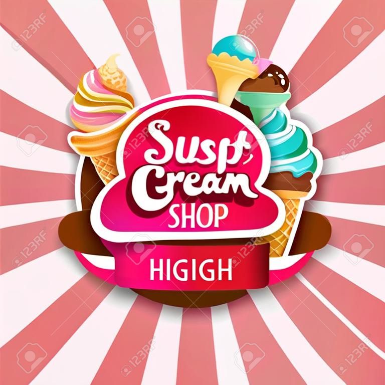 Colorido helado tienda logo etiqueta o emblema en estilo de dibujos animados para su diseño en el fondo del resplandor solar. Ilustración vectorial