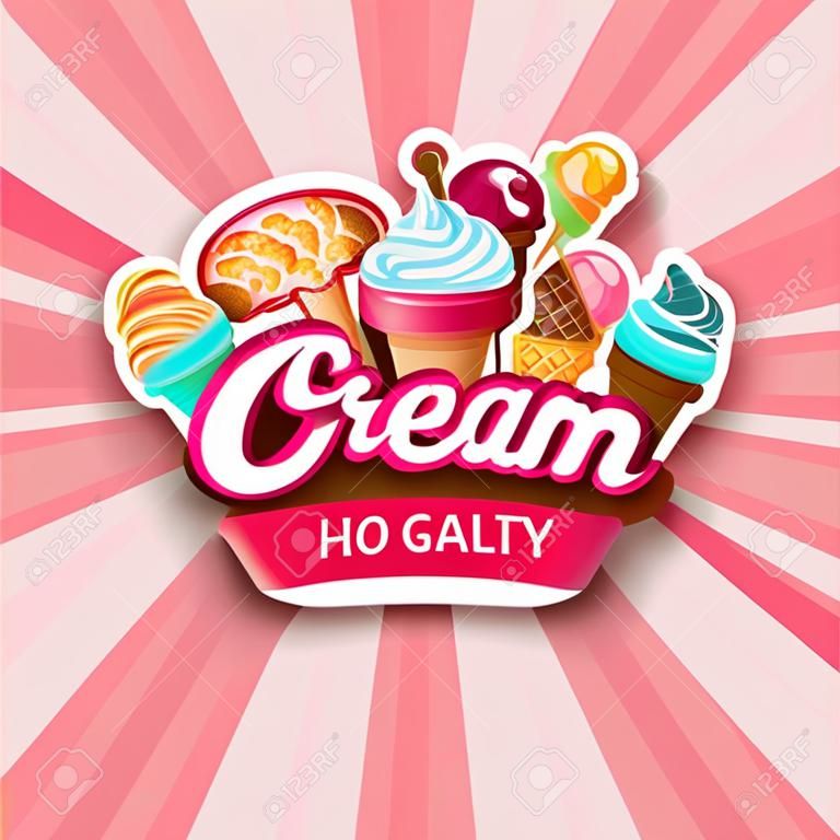 Красочная этикетка с логотипом магазина мороженого или эмблема в мультяшном стиле для вашего дизайна на фоне солнечных лучей. Векторная иллюстрация.