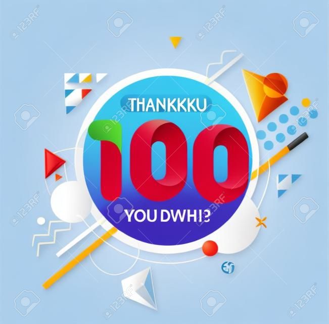 Merci pour les 100 premiers abonnés. Merci aux abonnés carte de félicitations. Illustration vectorielle pour les réseaux sociaux. L'internaute ou le blogueur célèbre et tweete un grand nombre d'abonnés.