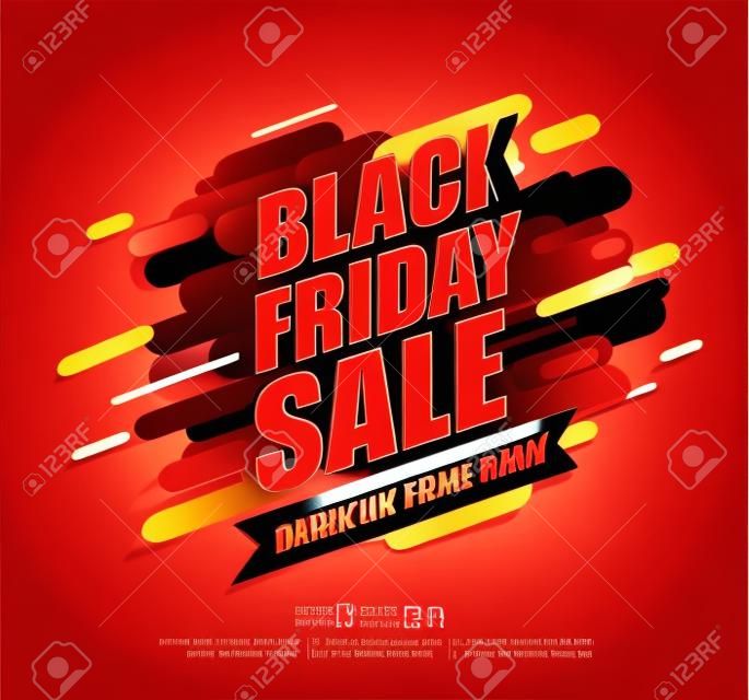 Dynamic black friday sale banner on red background. Perfect template for flyers, discount cards, web, posters, ad, promotions, blogs and social media, marketing. Vector illustration.