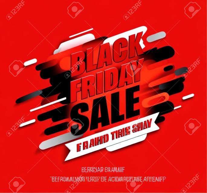Dynamic black friday sale banner on red background. Perfect template for flyers, discount cards, web, posters, ad, promotions, blogs and social media, marketing. Vector illustration.