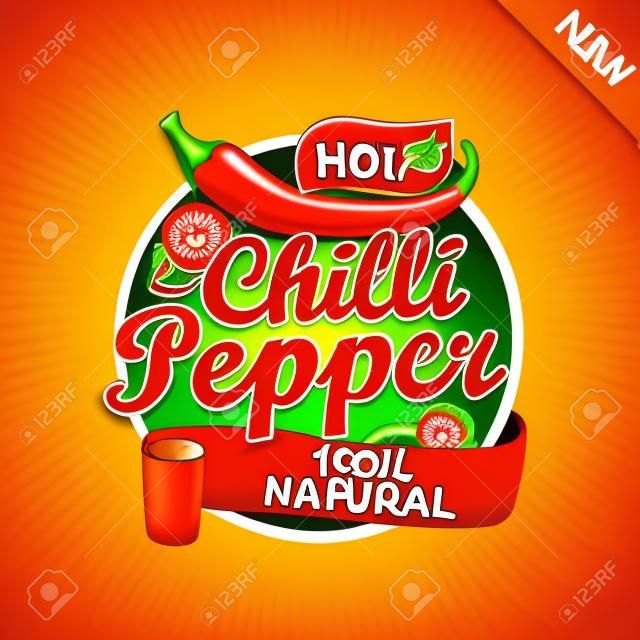 Hot Chili Pepper Logo, Etikett oder Aufkleber auf Sunburst-Hintergrund. Natürliche, biologische Lebensmittel. Konzept von leckerem Gemüse für Bauernmarkt, Geschäfte, Verpackungen und Pakete, Werbedesign. Vektorillustration.