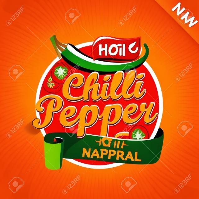 Hot Chili Pepper Logo, Etikett oder Aufkleber auf Sunburst-Hintergrund. Natürliche, biologische Lebensmittel. Konzept von leckerem Gemüse für Bauernmarkt, Geschäfte, Verpackungen und Pakete, Werbedesign. Vektorillustration.