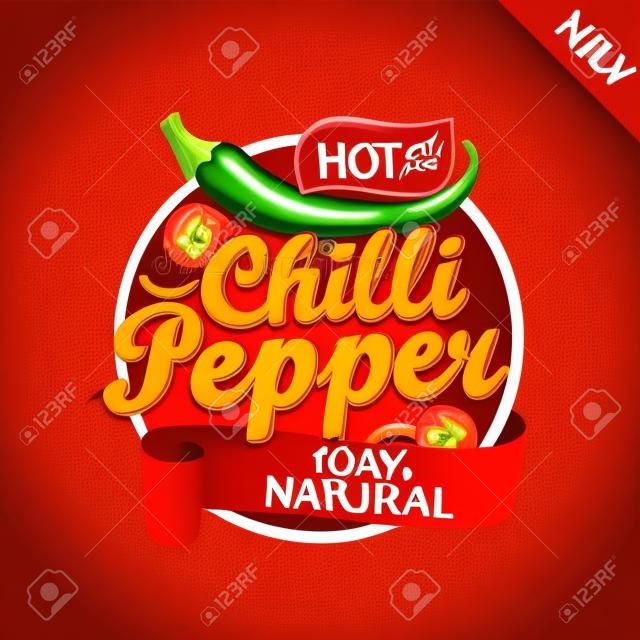 Hot chilli pepper logo, label or sticker on sunburst background. Natural, organic food.Concept of tasty vegetable for farmers market,shops,packing and packages, advertising design.Vector illustration.