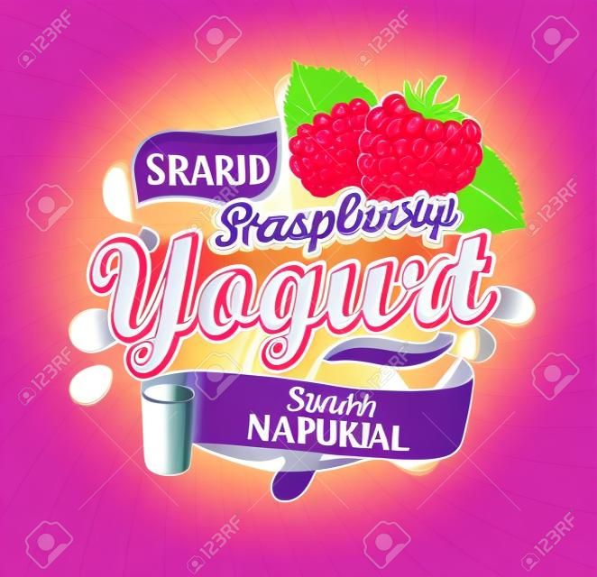 Naturalne i świeże logo jogurtu malinowego na tle sunburst dla Twojej marki, szablonu, etykiety, godła na artykuły spożywcze, sklepy, opakowania, opakowania i reklamy. Ilustracja wektorowa.