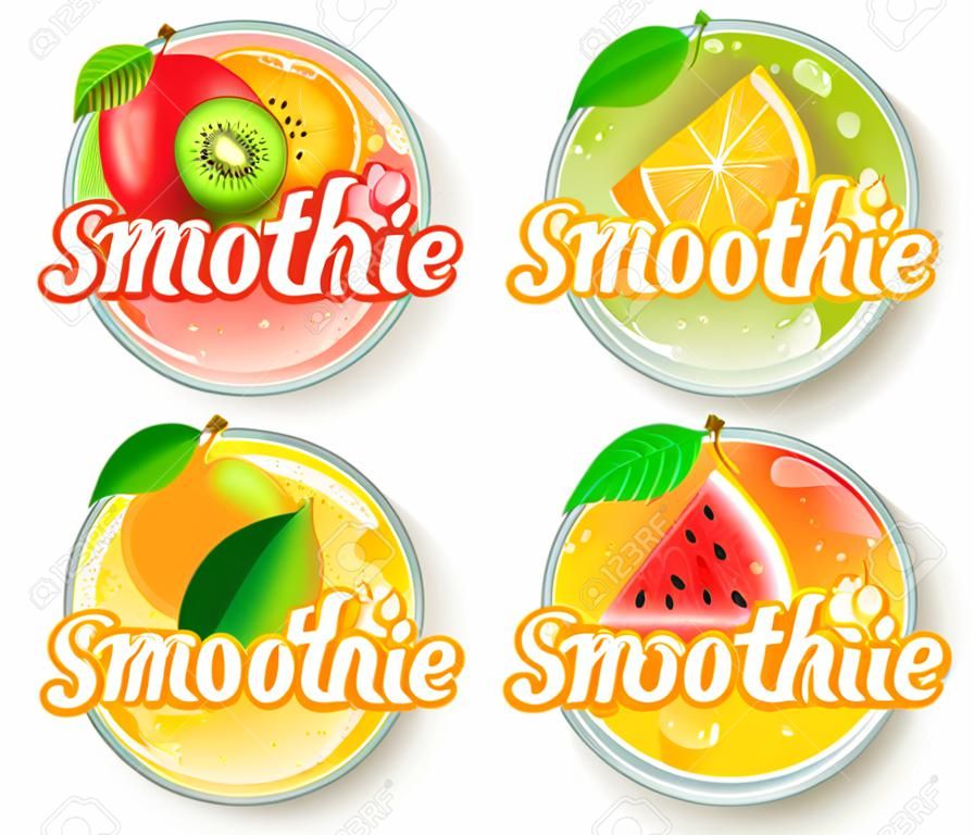 Zestaw logo świeżego smoothie kiwi, pomarańczy, mango, arbuza. Zdrowy, soczysty napój witaminowy dla diety lub wegan, domowy orzeźwiający napój owocowy. Szablon dla marki, etykiety, emblematu, sklepu, opakowania, reklamy.