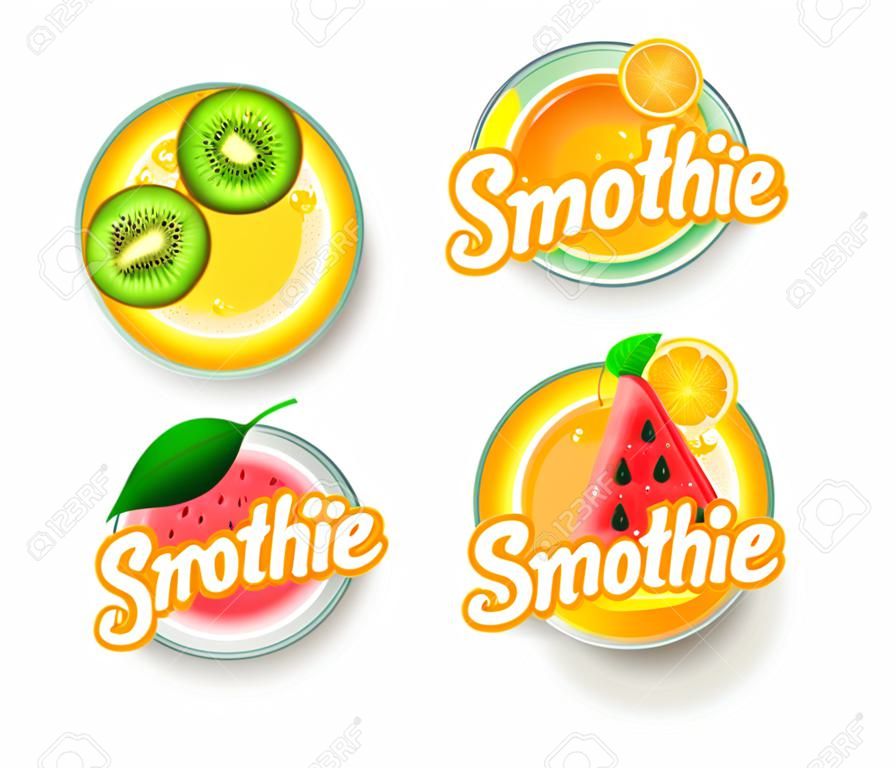 Set of kiwi, orange,mango,watermelon fresh smoothie logo. Healthy juicy vitamin drink for diet or vegan, homemade refreshing fruit beverage.Template for brand,label,emblem,store,packaging,advertising.