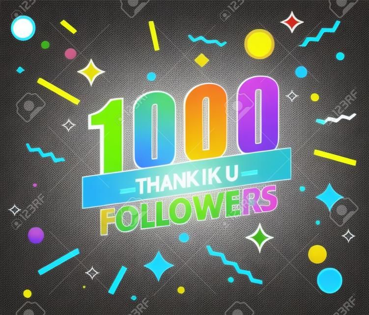 Thank you 1000 followers,thanks banner.First 1K follower congratulation card with geometric figures,lines,squares,circles for Social Networks.Web blogger celebrate a large number of subscribers.Vector