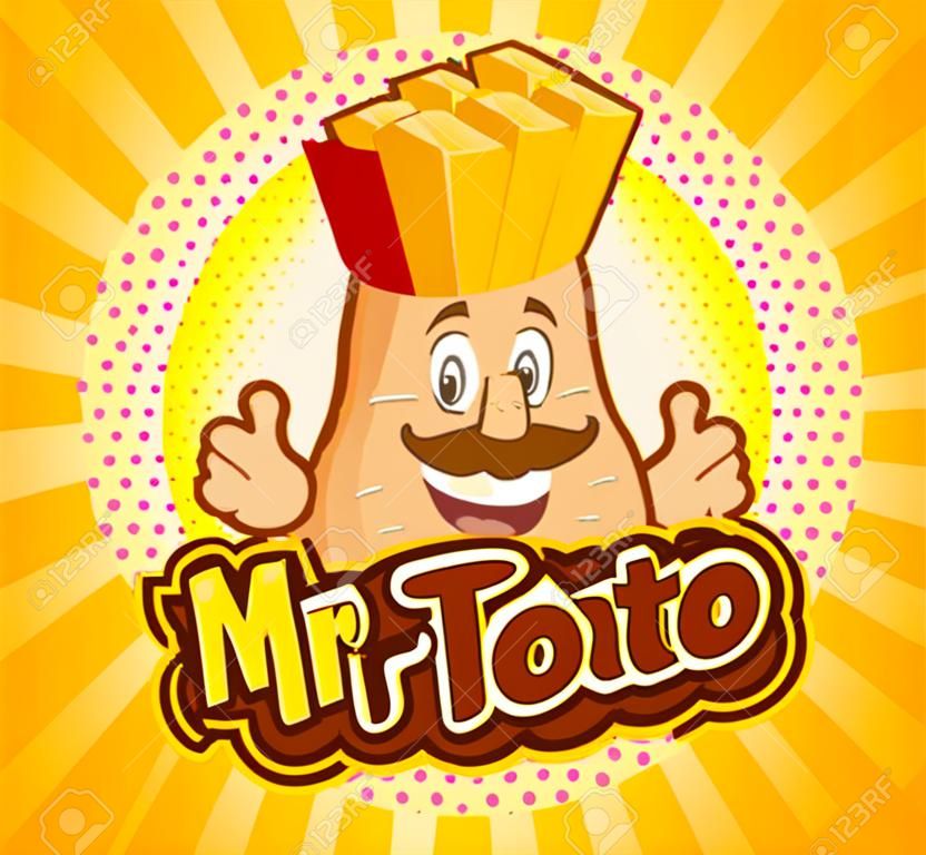 Mr. Potato invita a unas deliciosas patatas fritas. Personaje sonriente con peinado hipster y pulgar hacia arriba sobre fondo de semitono sunburst. Ilustración vectorial.