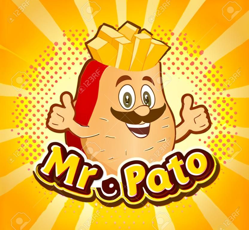 Mr. potato inviting to delicious french fries. Smiled character with hipster hairstyle and thumb up on sunburst halftone background. Vector illustration.